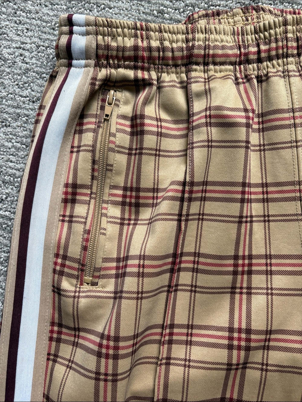 Urban Outfitters Tan Plaid Joggers with White & Burgundy Side Stripes - Picture 2 of 4